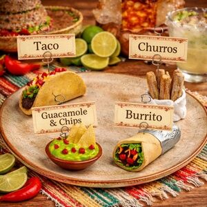 Cinco de Mayo Food Label Set of 4 – Taco, Burrito, Guacamole & Chips, Churros